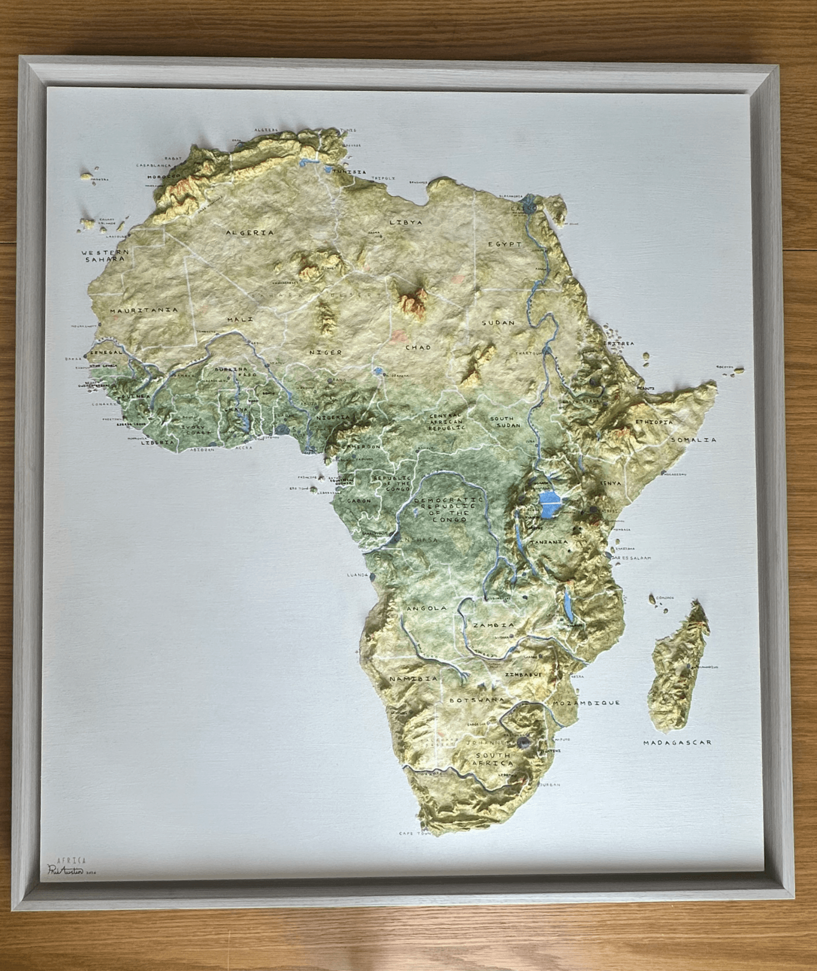 Africa Topographical Map, Mixed media on board
